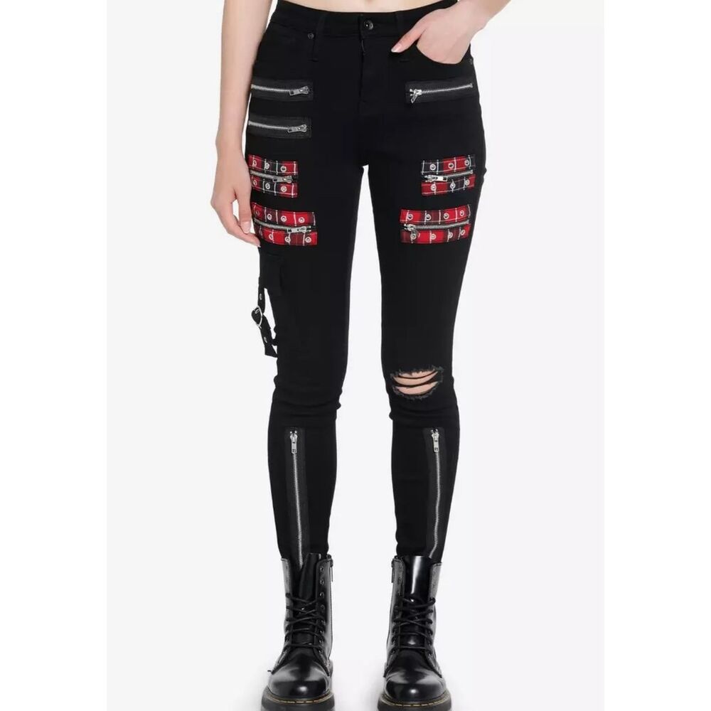 Hot Topic Black Zipper Grommet Super Skinny Jeans Size 9 /29” Plaid New